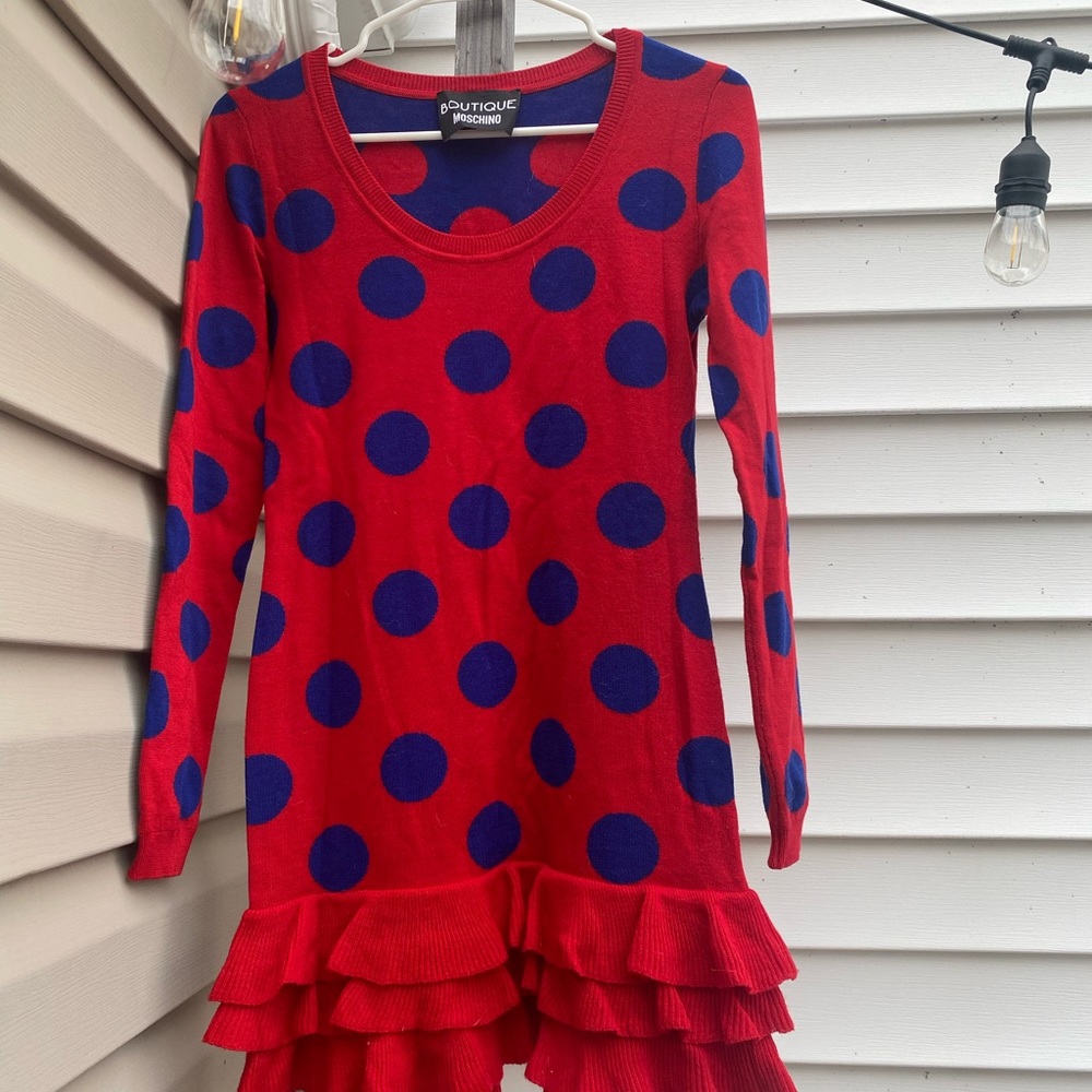 Moschino Boutique red and blue polka dot dress